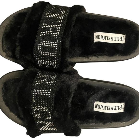 True Religion Black Fuzzy Chunky Bling Rhinestone Women's Slides Sandals Sz 7 - Picture 4 of 4